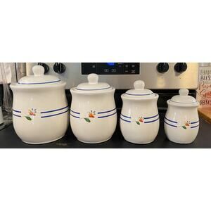 VINTAGE Gailstyn Sutton 4pc Set White Canisters Orange Flower Blue Trim Kitchen